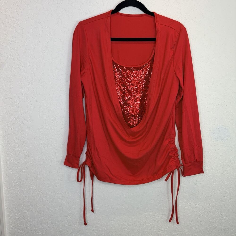 Aumora Red Sequined Blouse Long Sleeve Size M New, Party, Cocktail, Sexy, Chic